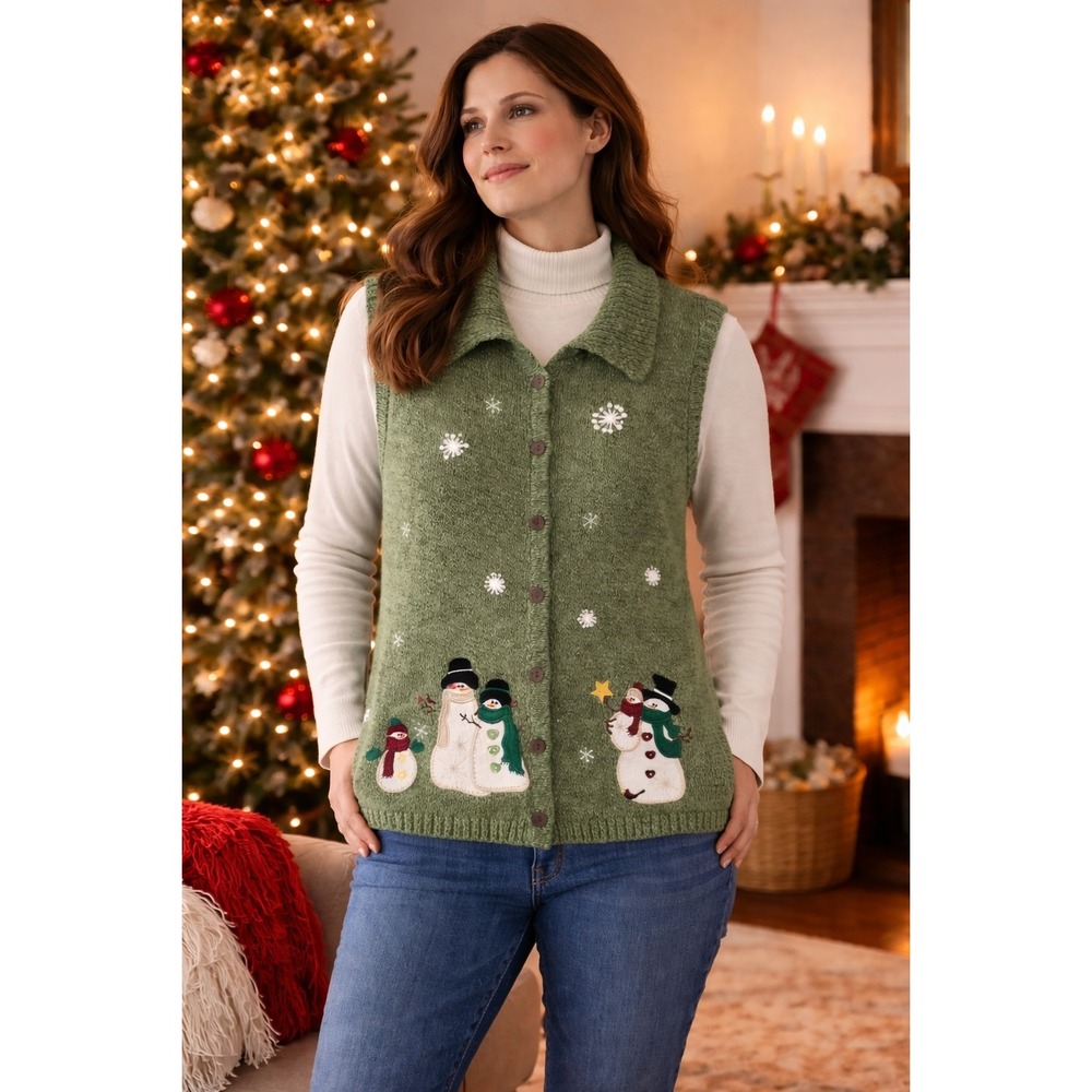 Christopher & Banks Women Hand Embroidered Sweater Vest XL Green Snowman Holiday